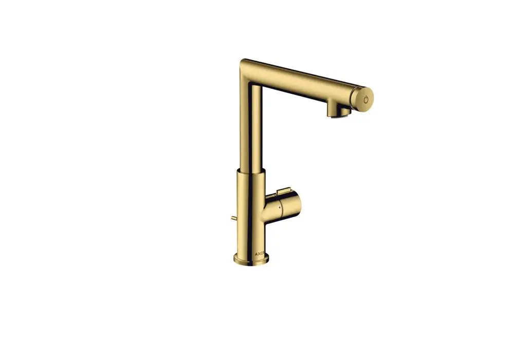 Waschtischmischer in Polished Gold Optic mit seitlichem Bedienhebel und Zugstangen-Ablaufgarnitur, Modell von AXOR.